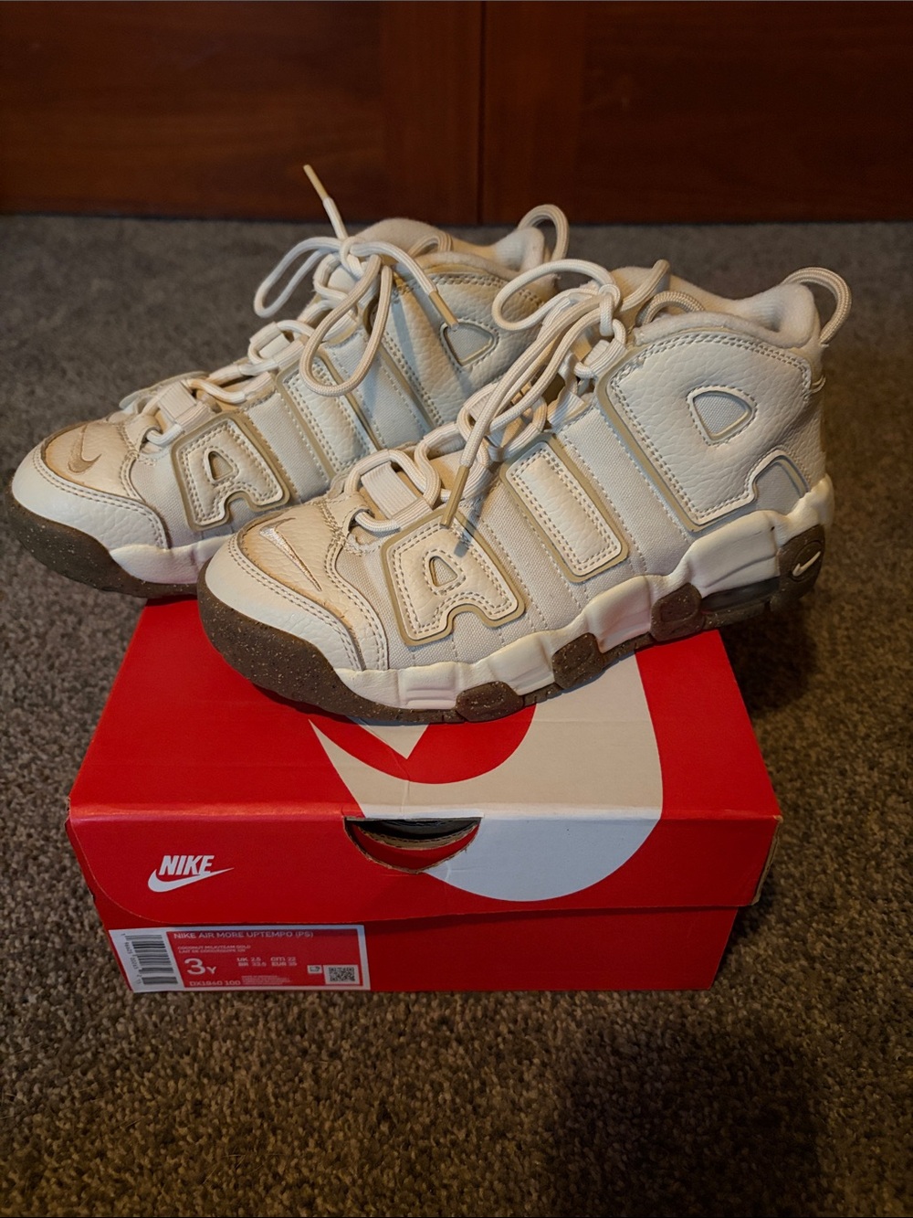 Nike Kids Air More Uptempo Sneakers in Cream and Brown Accents